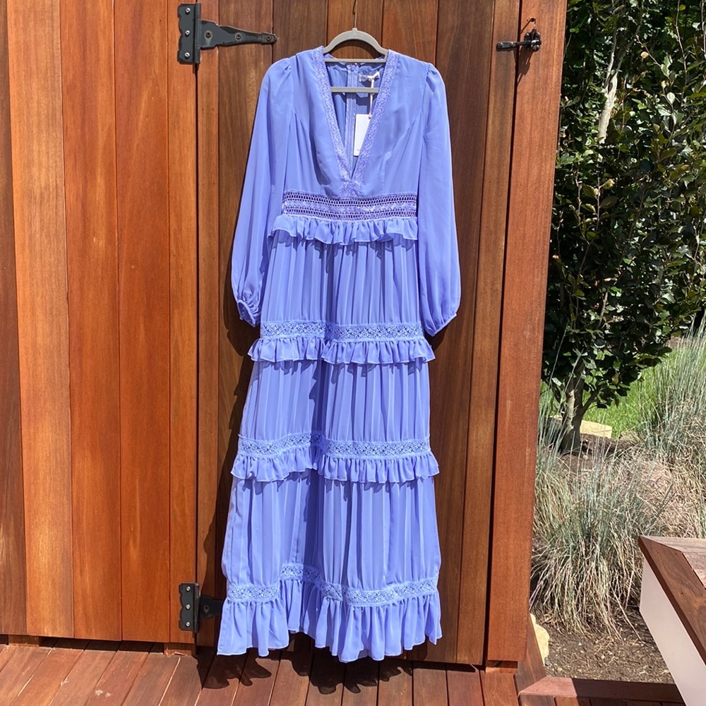 True Decadence Long Sleeve Ruffle Maxi Dress Cornflower Blue